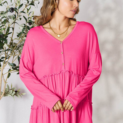 Double Take Half Button Long Sleeve Ruffle Hem Blouse - MimiStylez