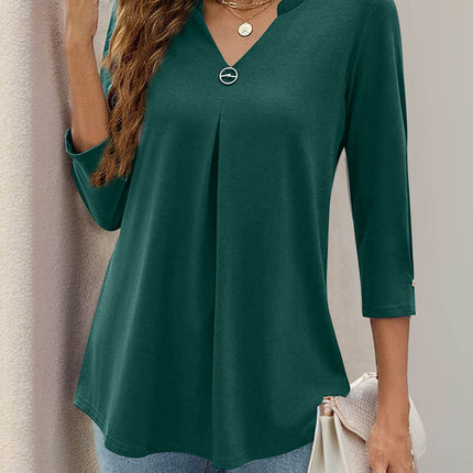 Notched Three-Quarter Sleeve T-Shirt - MimiStylez