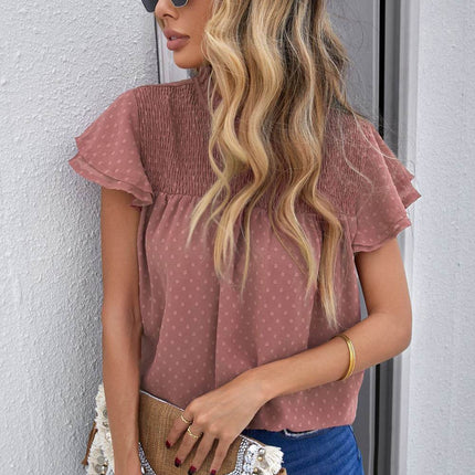 Polka Dot Smocked Flutter Sleeve Blouse - MimiStylez