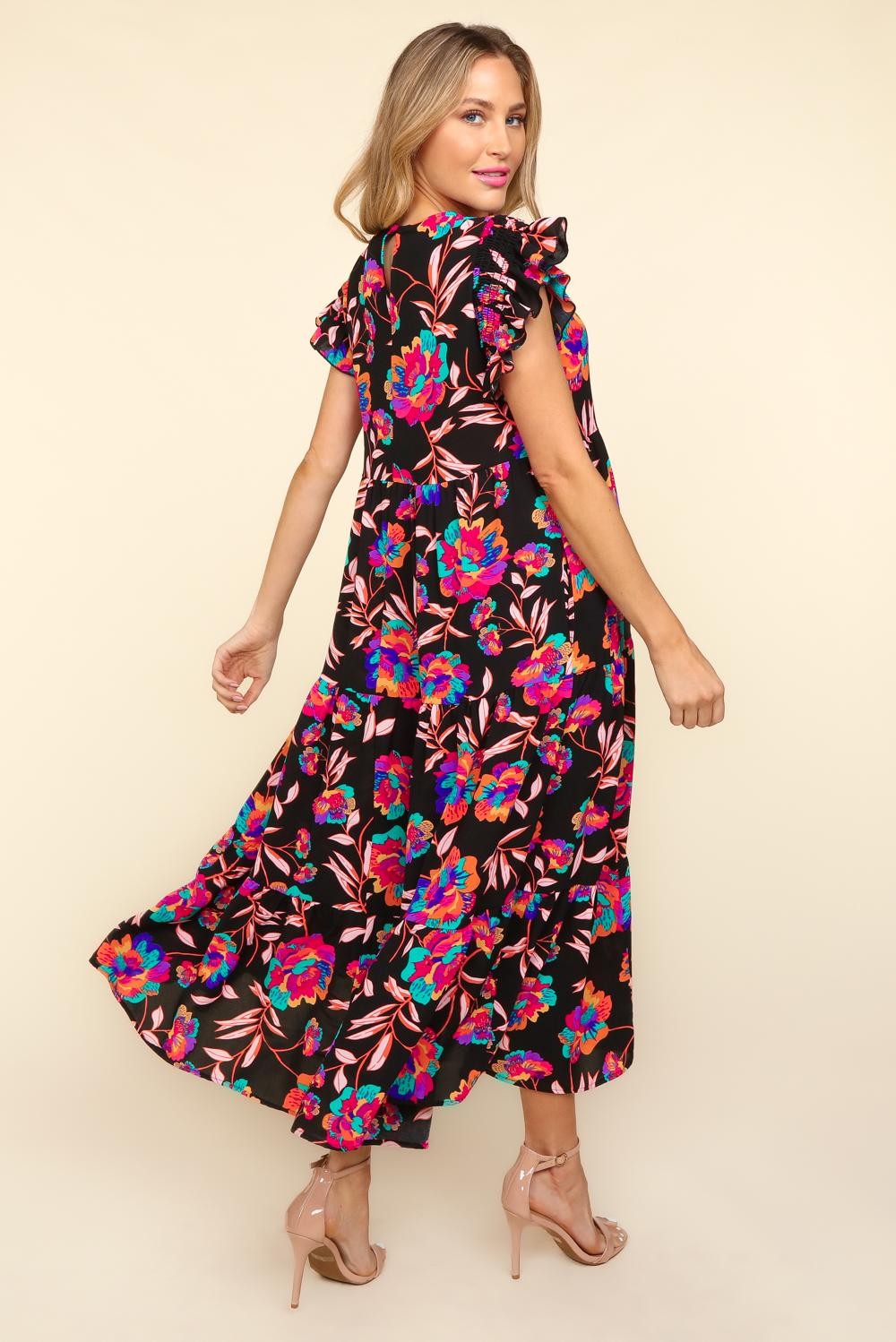 Haptics Ruffled Printed Round Neck Cap Sleeve Dress