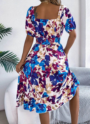 Ruffled Hem Smocked Floral Short Sleeve Midi Dress - MimiStylez