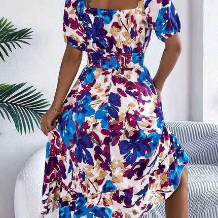 Ruffled Hem Smocked Floral Short Sleeve Midi Dress - MimiStylez
