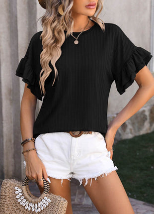 Ruffled Round Neck Short Sleeve Blouse - MimiStylez