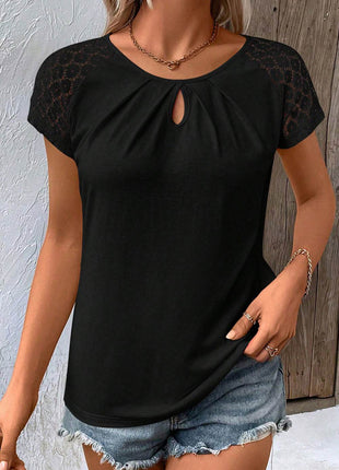 Cutout Round Neck Lace Short Sleeve T-Shirt - MimiStylez