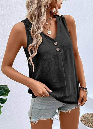 Full Size Decorative Button V-Neck Tank - MimiStylez