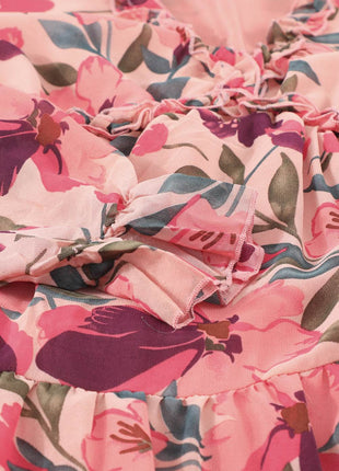 Floral Frill Trim Flounce Sleeve Plunge Maxi Dress - MimiStylez