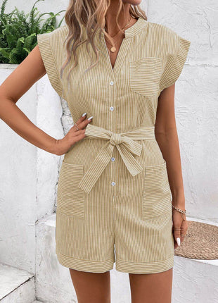 Striped Notched Tie Waist Romper - MimiStylez