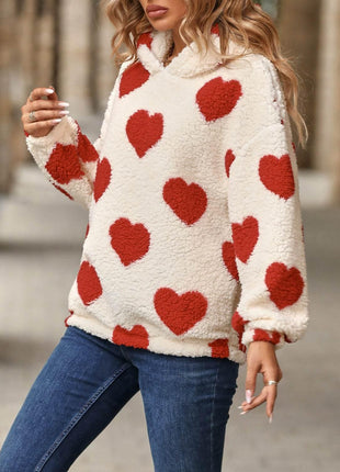 Fuzzy Heart Pocketed Dropped Shoulder Hoodie - MimiStylez