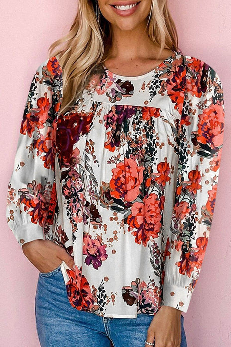 Floral Print Round Neck Long Sleeve Blouse - MimiStylez