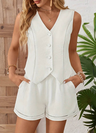 Button Up Vest and Shorts Set - MimiStylez