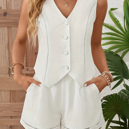 Button Up Vest and Shorts Set - MimiStylez