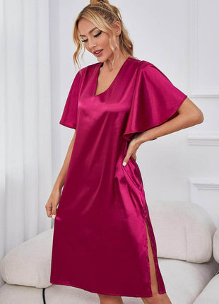 Satin Flutter Sleeve Side Slit V-Neck Night Dress - MimiStylez