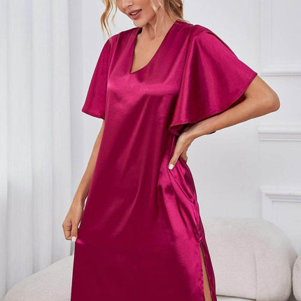 Satin Flutter Sleeve Side Slit V-Neck Night Dress - MimiStylez