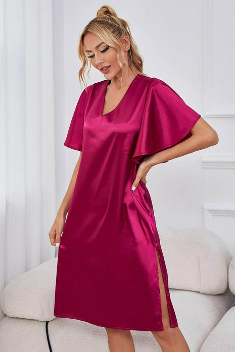 Satin Flutter Sleeve Side Slit V-Neck Night Dress - MimiStylez