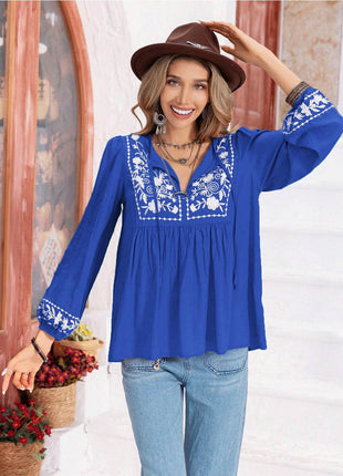 Floral Tie Neck Balloon Sleeve Blouse - MimiStylez