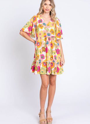 GeeGee Full Size Floral V-Neck Ruffle Trim Mini Dress - MimiStylez