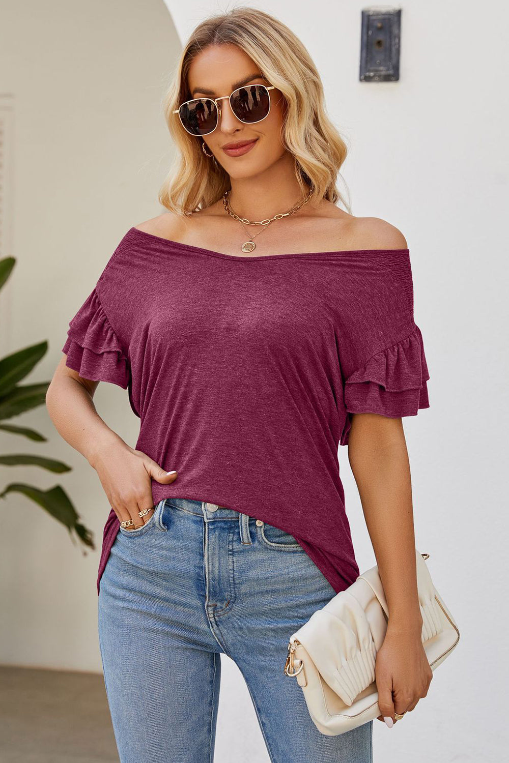 Ruffled V-Neck Flutter Sleeve T-Shirt