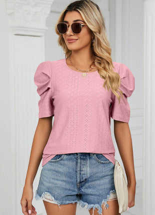 Eyelet Puff Sleeve Round Neck Blouse - MimiStylez
