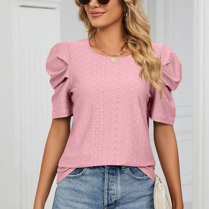 Eyelet Puff Sleeve Round Neck Blouse - MimiStylez