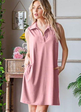 Heimish Full Size Ribbed Johnny Collar Sleeveless Dress - MimiStylez