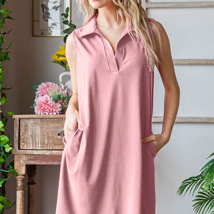 Heimish Full Size Ribbed Johnny Collar Sleeveless Dress - MimiStylez