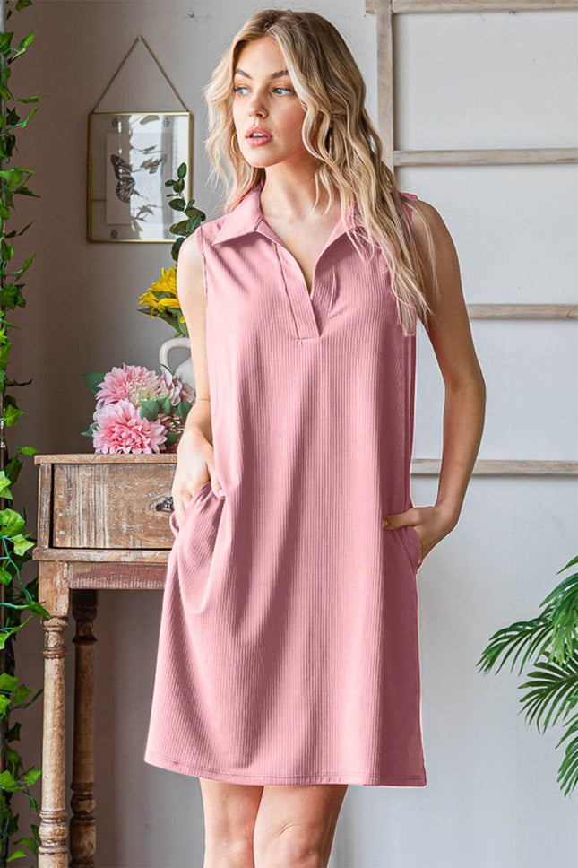 Heimish Full Size Ribbed Johnny Collar Sleeveless Dress - MimiStylez