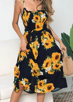 Smocked Sunflower Printed Sleeveless Cami Dress - MimiStylez