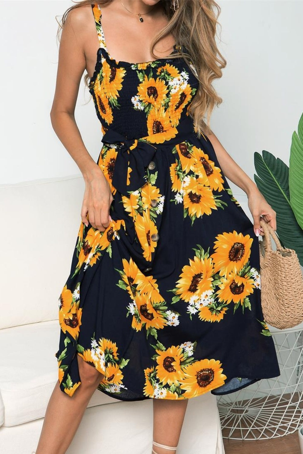 Vestido camisero sin mangas con estampado de girasoles ahumados