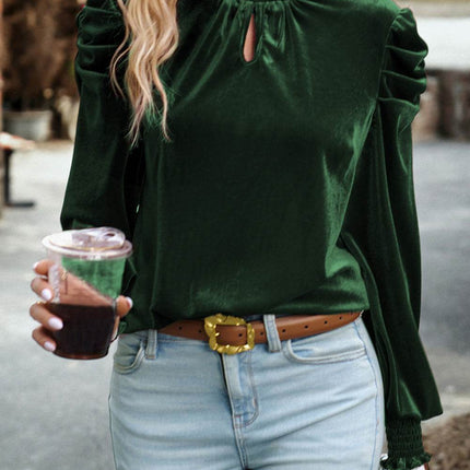 Tie Up Mock Neck Velvet Fabric Long Sleeve Blouse - MimiStylez
