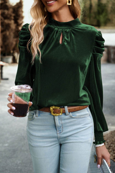 Tie Up Mock Neck Velvet Fabric Long Sleeve Blouse - MimiStylez