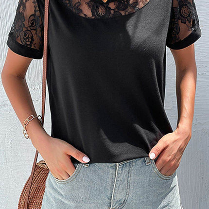 Spliced Lace Round Neck Short Sleeve Top - MimiStylez