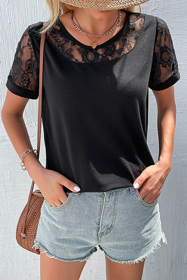 Spliced Lace Round Neck Short Sleeve Top - MimiStylez