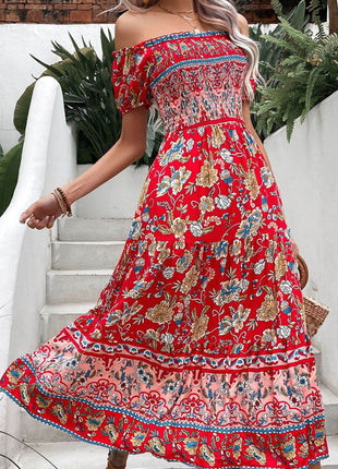 Floral Off-Shoulder Smocked Midi Dress - MimiStylez