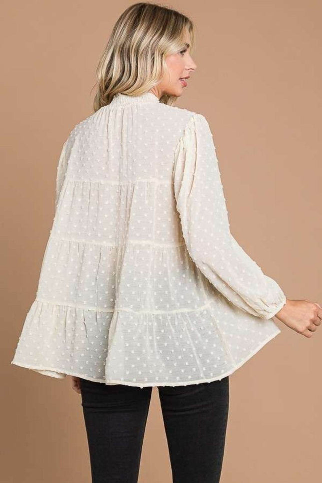 Culture Code Full Size Swiss Dot Smocked Mock Neck Blouse - MimiStylez