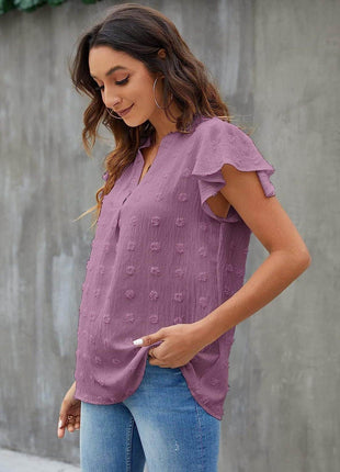 Swiss Dot Notched Cap Sleeve Blouse - MimiStylez