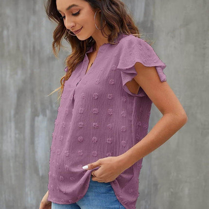 Swiss Dot Notched Cap Sleeve Blouse - MimiStylez