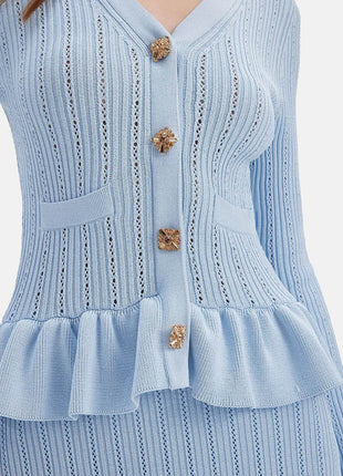 Ruffled V-Neck Top and Midi Skirt Sweater Set - MimiStylez