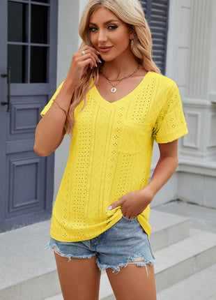 Eyelet V-Neck Short Sleeve T-Shirt - MimiStylez
