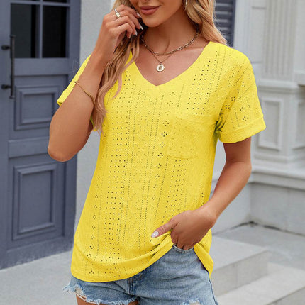 Eyelet V-Neck Short Sleeve T-Shirt - MimiStylez