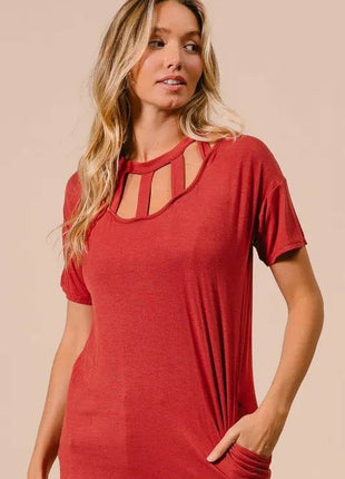 BiBi Front Cutout Mini Tee Dress with Pockets - MimiStylez