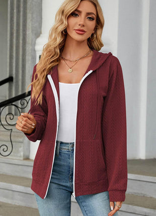 Drawstring Zip Up Long Sleeve Hoodie - MimiStylez