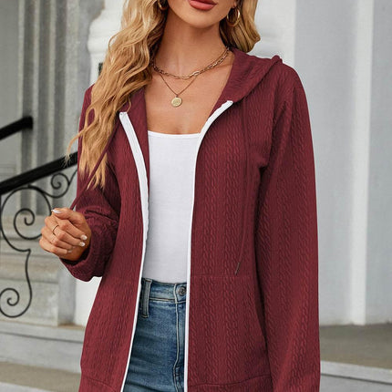 Drawstring Zip Up Long Sleeve Hoodie - MimiStylez