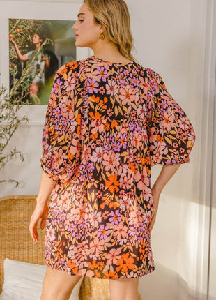 ODDI Full Size Floral Tied Neck Mini Dress - MimiStylez