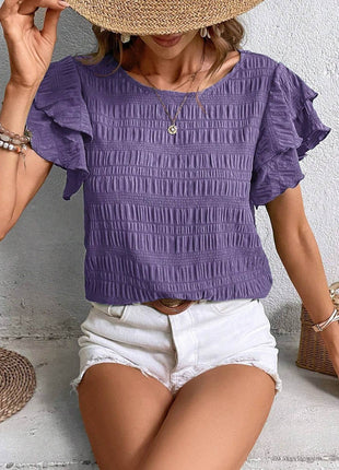 Round Neck Flounce Sleeve Blouse - MimiStylez