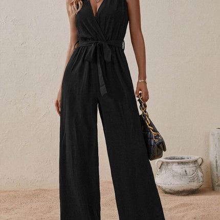Tied Surplice Sleeveless Wide Leg Jumpsuit - MimiStylez