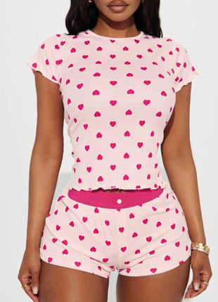Heart Print Top and Shorts Loungewear Set - MimiStylez