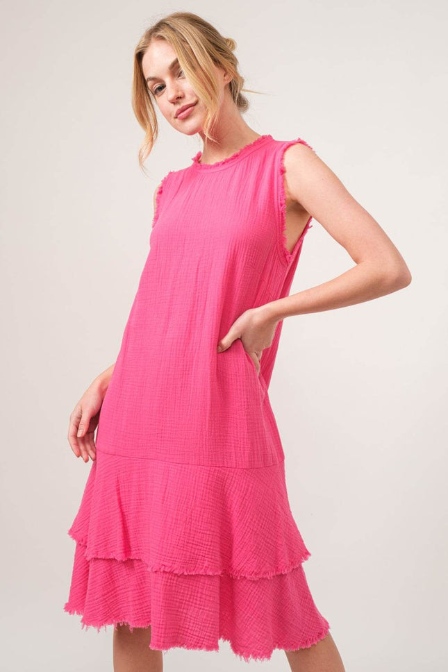 And The Why Washed Fringe Detail Tiered Dress - MimiStylez