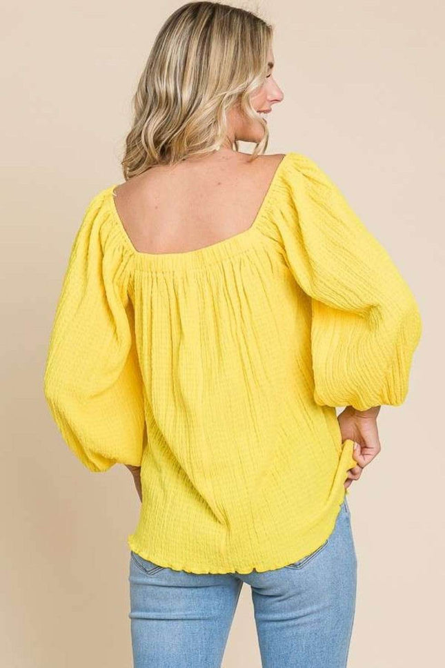 Culture Code Texture Square Neck Puff Sleeve Top - MimiStylez