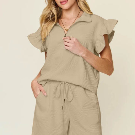 Double Take Full Size Texture Flounce Sleeve Top and Drawstring Shorts Set - MimiStylez