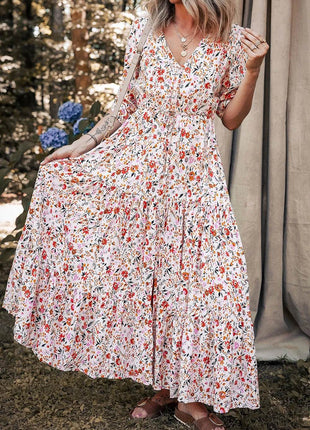 Boho Half Sleeve Floral V Neck Maxi Dress - MimiStylez